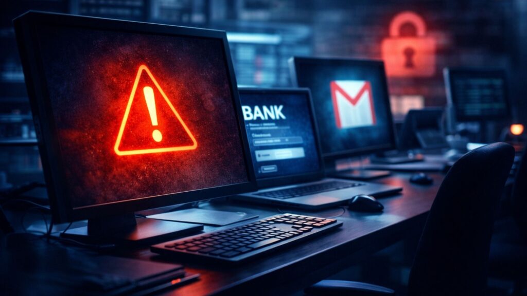 Computadores com alerta de segurança ativo, representando risco de invasão digital em empresas e usuários domésticos.