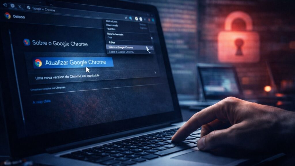 Usuário verificando atualização do Google Chrome na seção “Sobre o navegador” para corrigir falha de segurança.