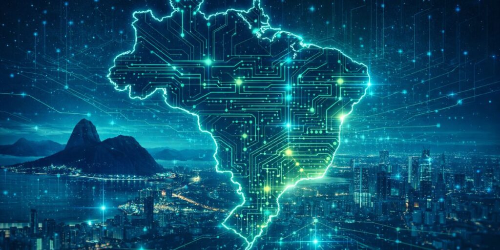 Mapa do Brasil iluminado com circuitos digitais representando a transformação das agências de marketing no Brasil com inteligência artificial e nova infraestrutura tecnológica.