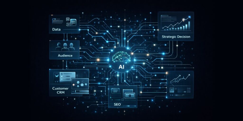Diagrama conceitual mostrando integração de dados, CRM, mídia paga e inteligência artificial conectados em um sistema estratégico, representando a engenharia de contexto aplicada ao marketing digital no Brasil.