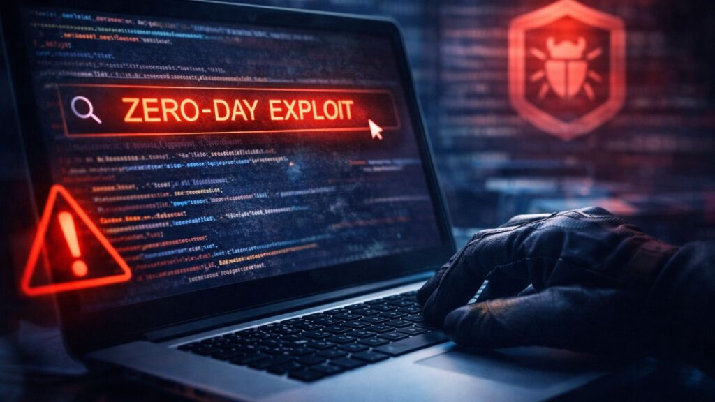Representação visual de ataque zero-day com código em tela e alerta de exploração ativa.