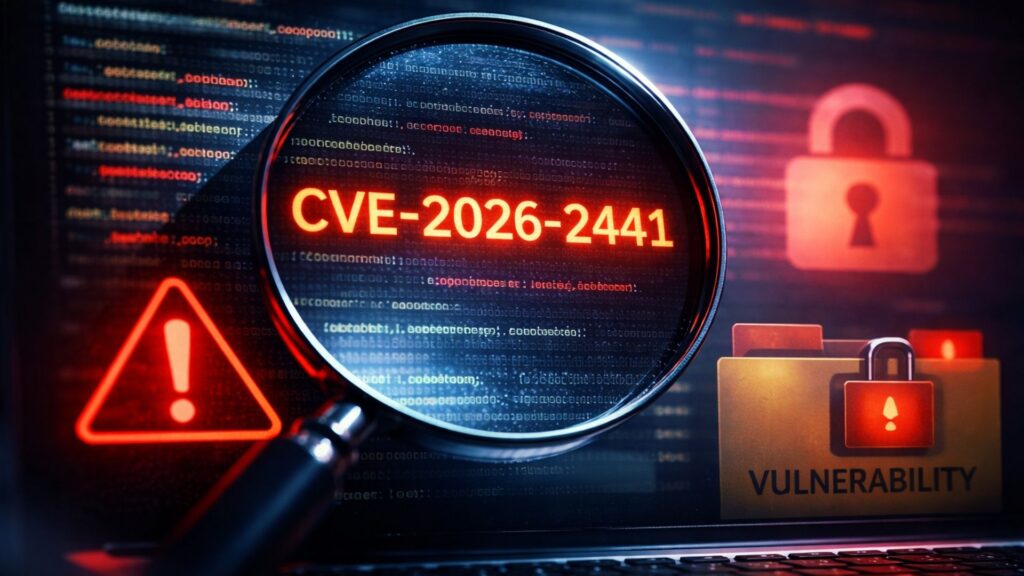 Ilustração representando a vulnerabilidade CVE-2026-2441 no Google Chrome com alerta de segurança e código ao fundo.