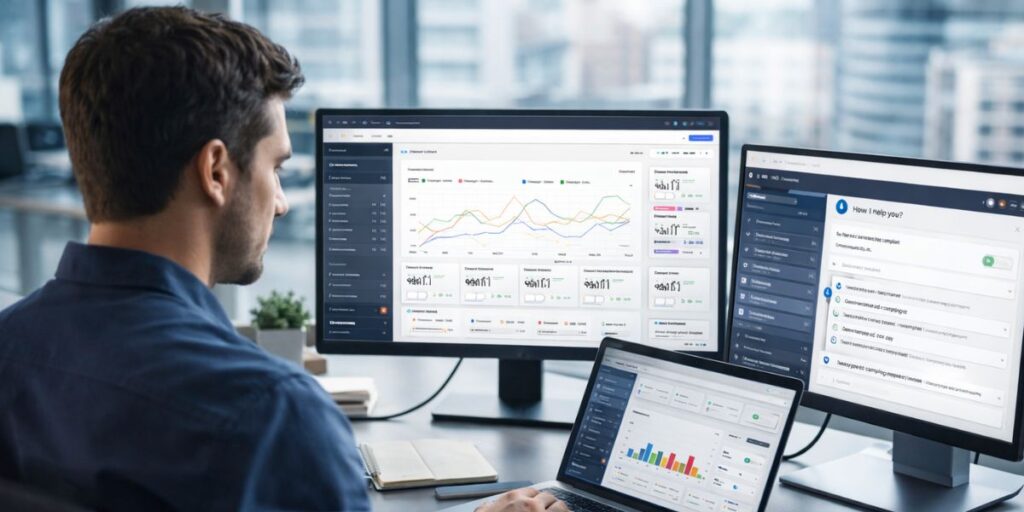 Profissional de marketing analisando dashboards de campanhas digitais e utilizando inteligência artificial no computador em ambiente corporativo moderno, representando o novo papel dos criativos no marketing com IA no Brasil.