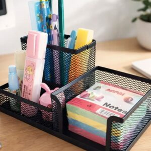 Organizador de escritorio de malla metálica: soporte para lápices, bolígrafos y accesorios de oficina.