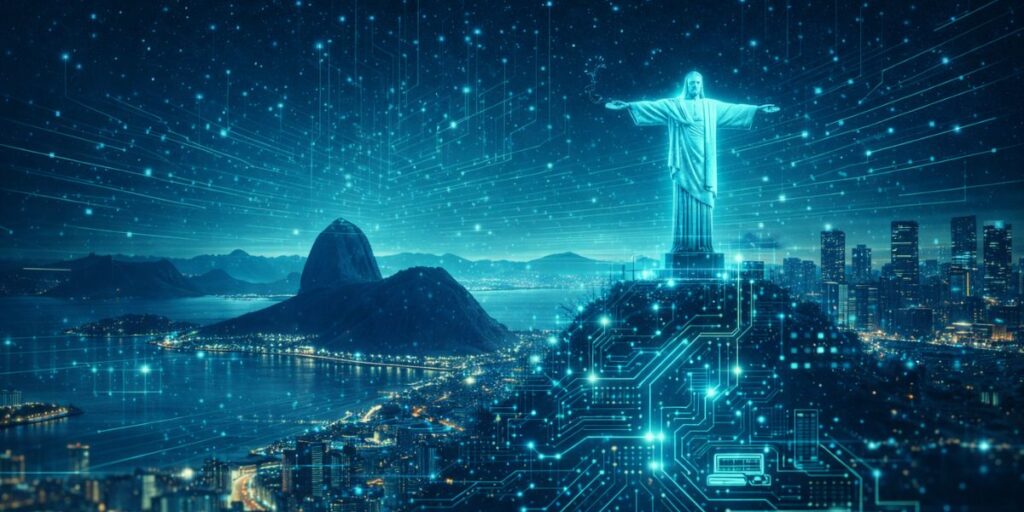Ilustração futurista do Rio de Janeiro com o Cristo Redentor e skyline conectados por circuitos digitais e redes de dados, representando o impacto da inteligência artificial na economia, tecnologia e inovação no Rio de Janeiro.