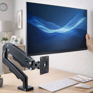 Soporte ergonómico articulado para monitor: ajustable, retráctil y compacto.