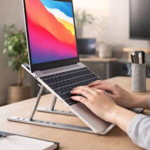 Suporte para Notebook em Alumínio Dobrável e Ajustável – Ergonômico, Portátil e Compatível com Diversos Modelos