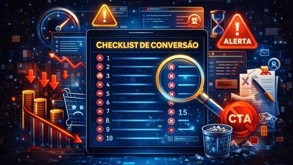 Ilustração de checklist de conversão mostrando 15 erros que prejudicam vendas online, com gráfico de queda, alerta vermelho e problemas de CTA em site ou loja virtual