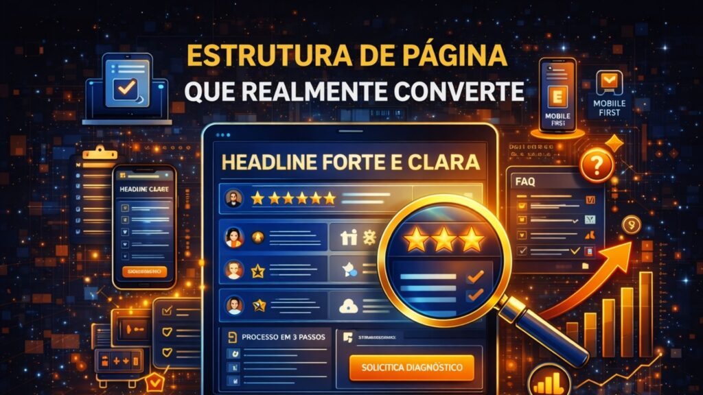 Ilustração de estrutura de página de vendas com headline forte, prova social, FAQ e botão de CTA mostrando modelo de página otimizada para conversão em 2026