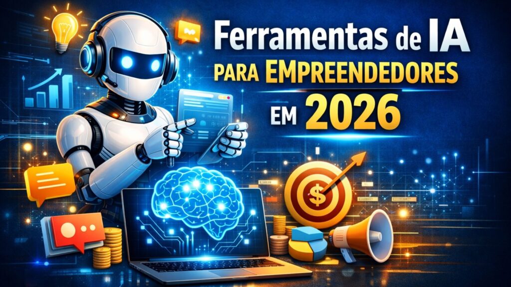 Ilustração de inteligência artificial para empreendedores em 2026 mostrando robô digital, cérebro tecnológico, gráficos de crescimento, marketing digital e automação com IA para negócios