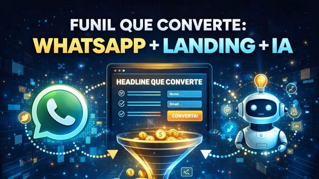 Ilustração de funil de vendas digital com WhatsApp, landing page com CTA e inteligência artificial mostrando estratégia de conversão para geração de leads em 2026