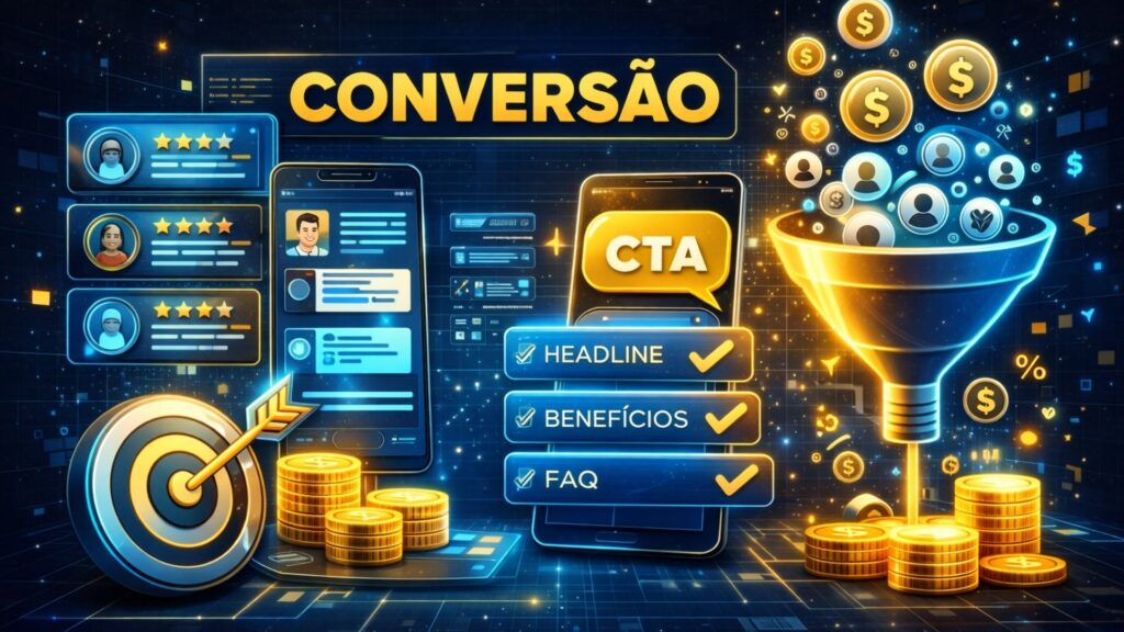 Ilustração sobre otimização de conversão mostrando CTA, headline, benefícios, prova social, funil de vendas e aumento de receita digital