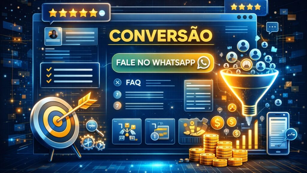Modelo de página de vendas com botão de WhatsApp, avaliações 5 estrelas, seção FAQ e estrutura otimizada para conversão e geração de leads