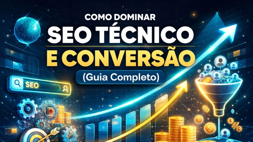Ilustração sobre SEO técnico e conversão em 2026 mostrando gráfico de crescimento, funil de vendas, CTA e otimização de site para ranqueamento no Google e aumento de vendas