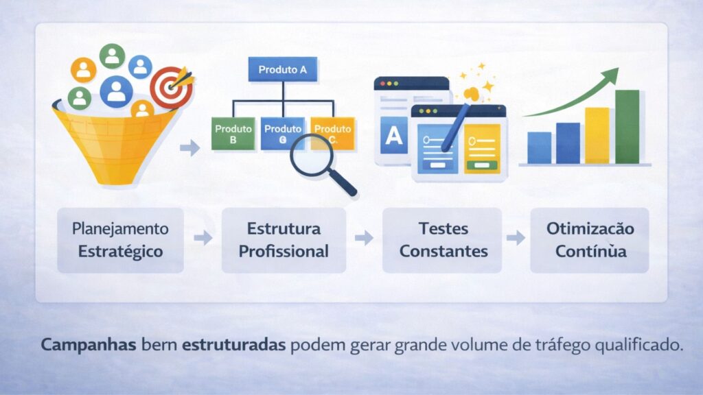 infográfico mostrando planejamento estratégico estrutura de campanhas testes e otimização em marketing digital