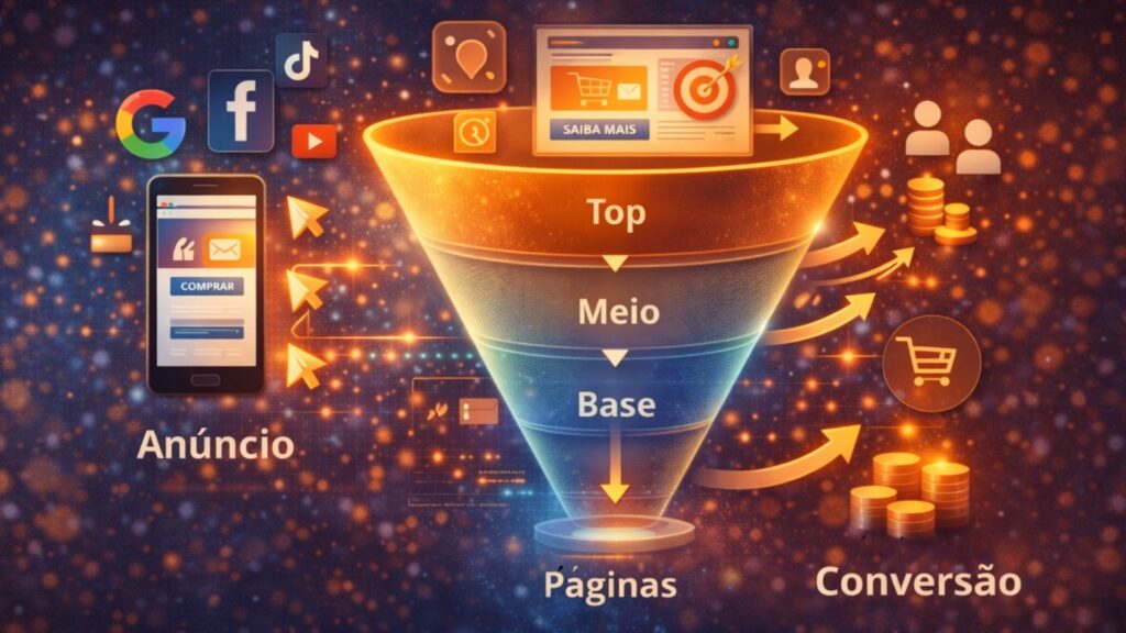 Funil de marketing com anúncios, páginas e conversão