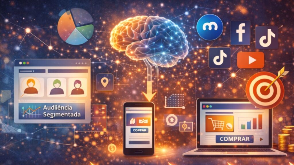 Estrutura de marketing digital com dados, segmentação e anúncios