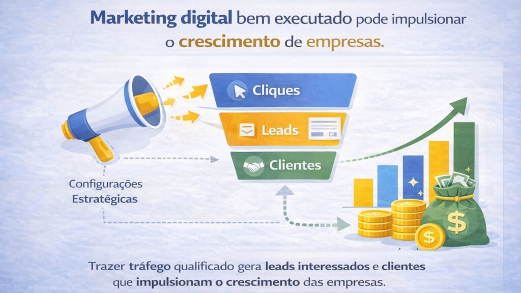 infográfico mostrando funil de marketing digital com cliques leads e clientes gerando crescimento empresarial