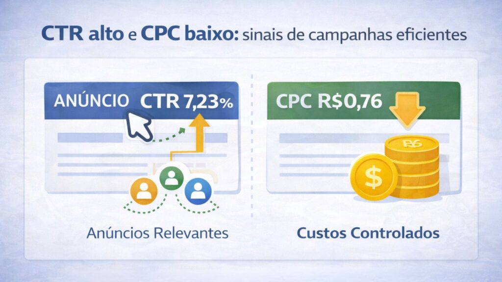 infográfico mostrando ctr alto e cpc baixo como sinais de campanhas eficientes no google ads