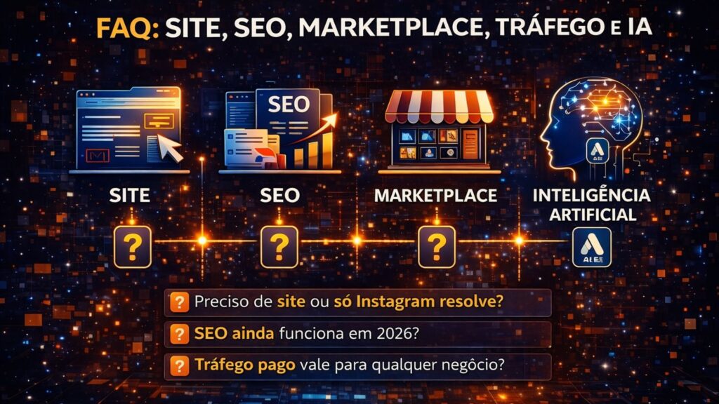 Ilustração representando FAQ sobre site, SEO, marketplace, tráfego pago e inteligência artificial com ícones digitais e perguntas estratégicas para empreendedores em 2026