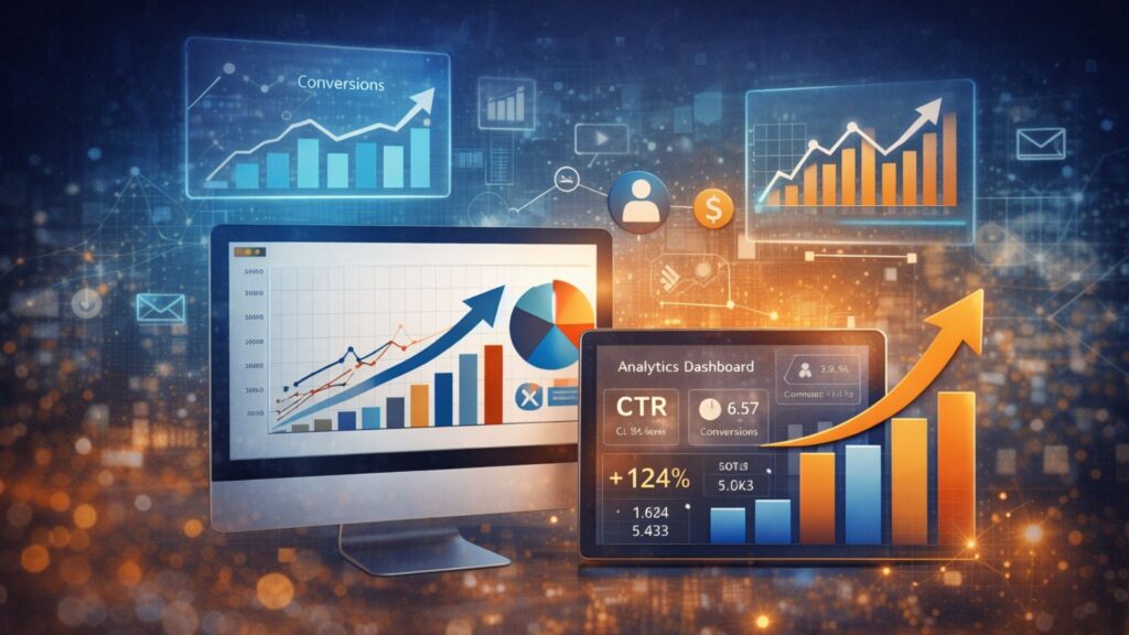 Análise de dados no marketing digital mostrando crescimento e aumento de conversões