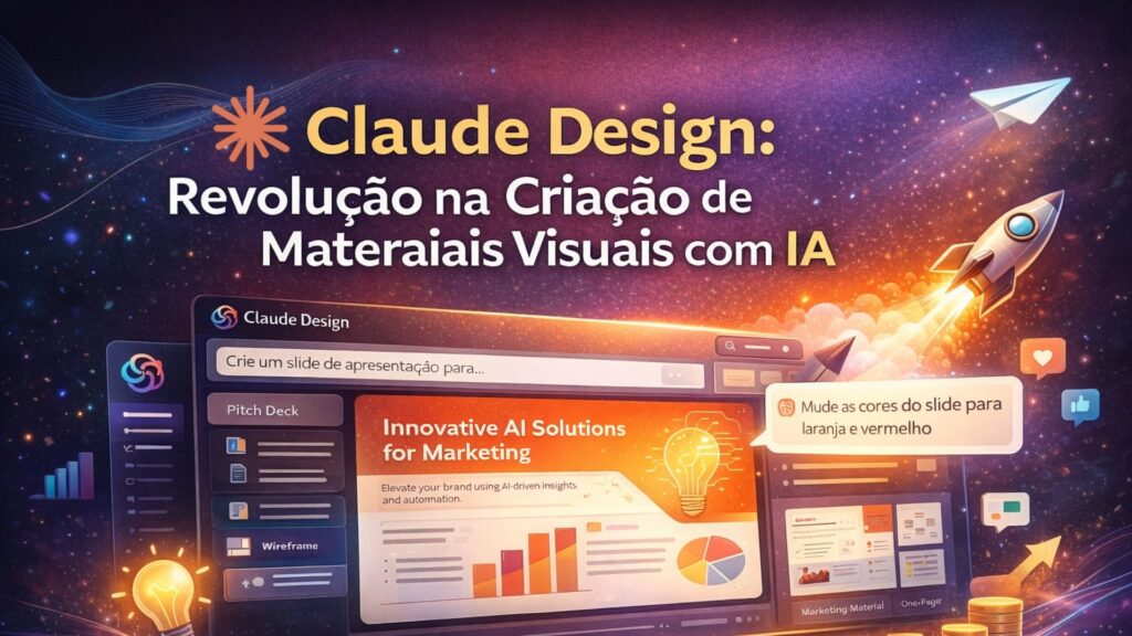 Interface do Claude Design da Anthropic criando automaticamente materiais visuais de marketing com inteligência artificial