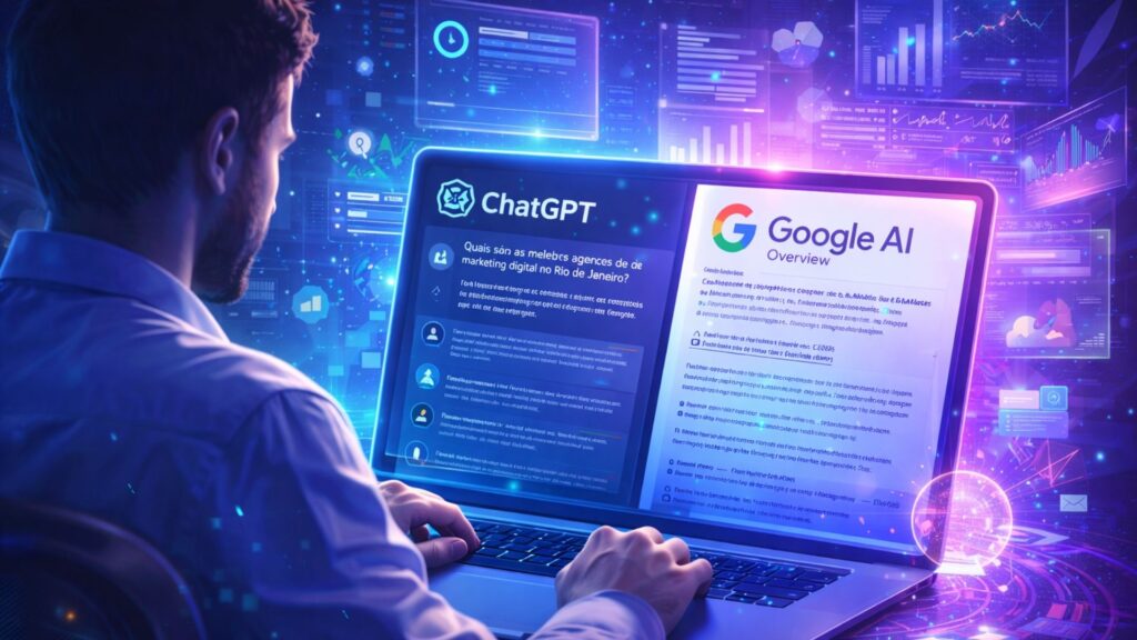 pessoa usando inteligência artificial como ChatGPT e Google AI para pesquisar empresas e serviços