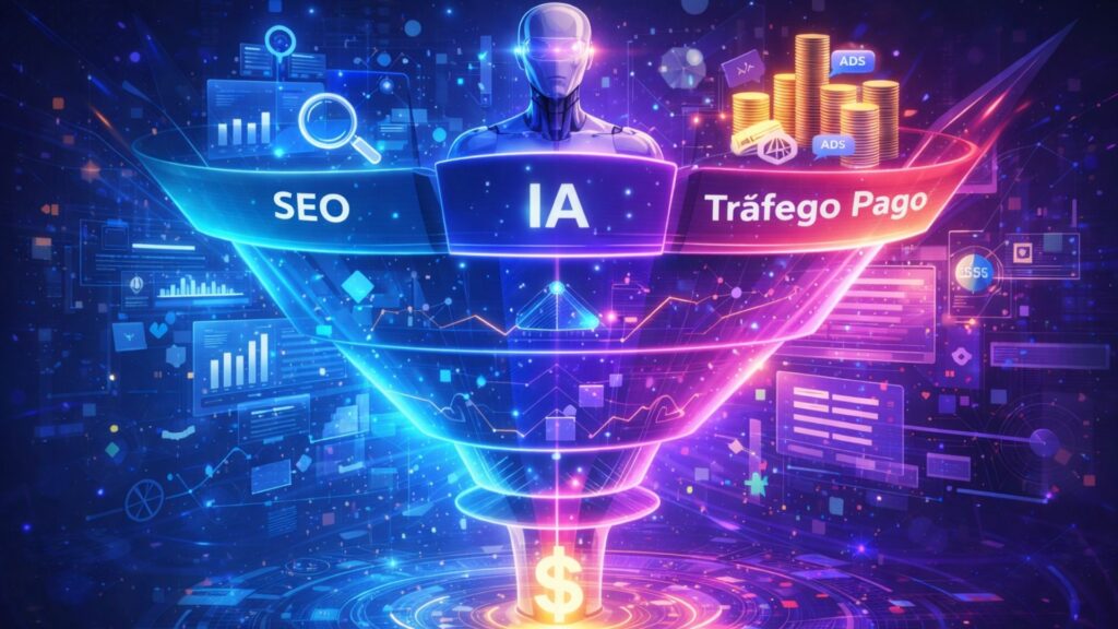 funil de marketing digital com SEO, inteligência artificial e tráfego pago gerando resultados