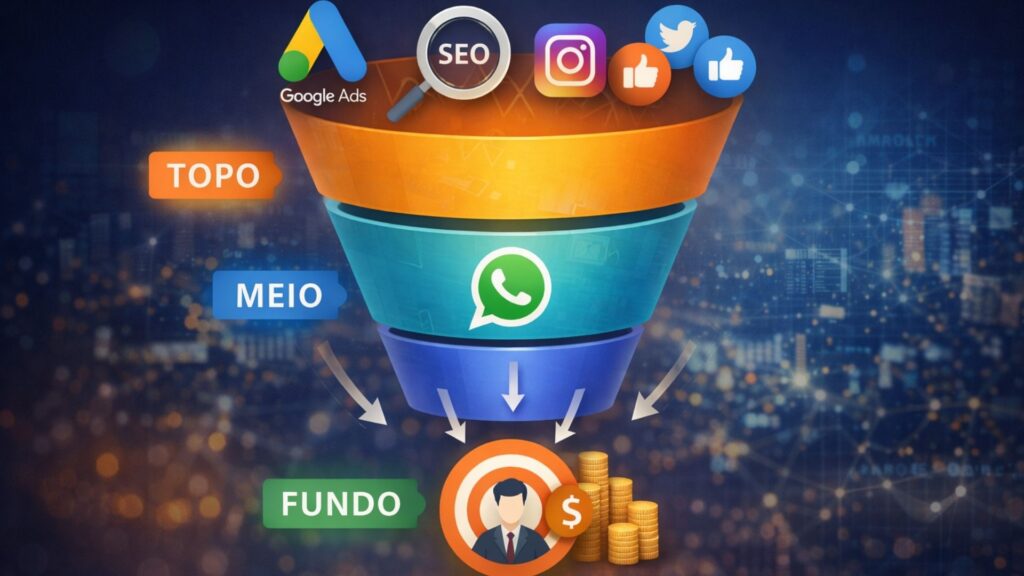 Funil de marketing digital com SEO, tráfego pago e conversão via WhatsApp