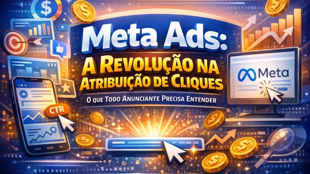 Ilustração sobre Meta Ads mostrando a revolução na atribuição de cliques com gráficos de performance, ícones de engajamento e análise de dados digitais