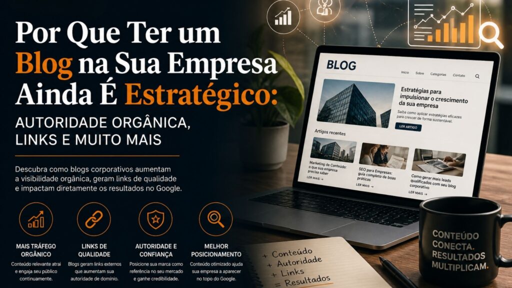 Imagem de blog corporativo exibindo estratégias de marketing digital para aumentar autoridade orgânica, gerar backlinks e melhorar posicionamento no Google.