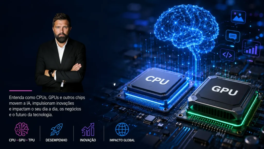 Ilustração futurista mostrando CPU e GPU como o coração da inteligência artificial, com circuitos eletrônicos e cérebro digital em destaque.