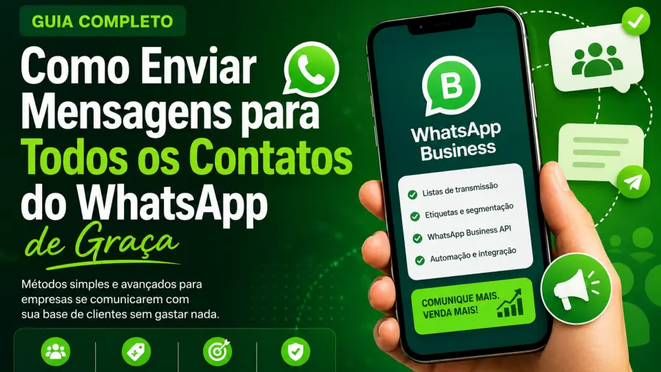 Celular com WhatsApp Business exibindo recursos para enviar mensagens em massa para contatos de forma gratuita.