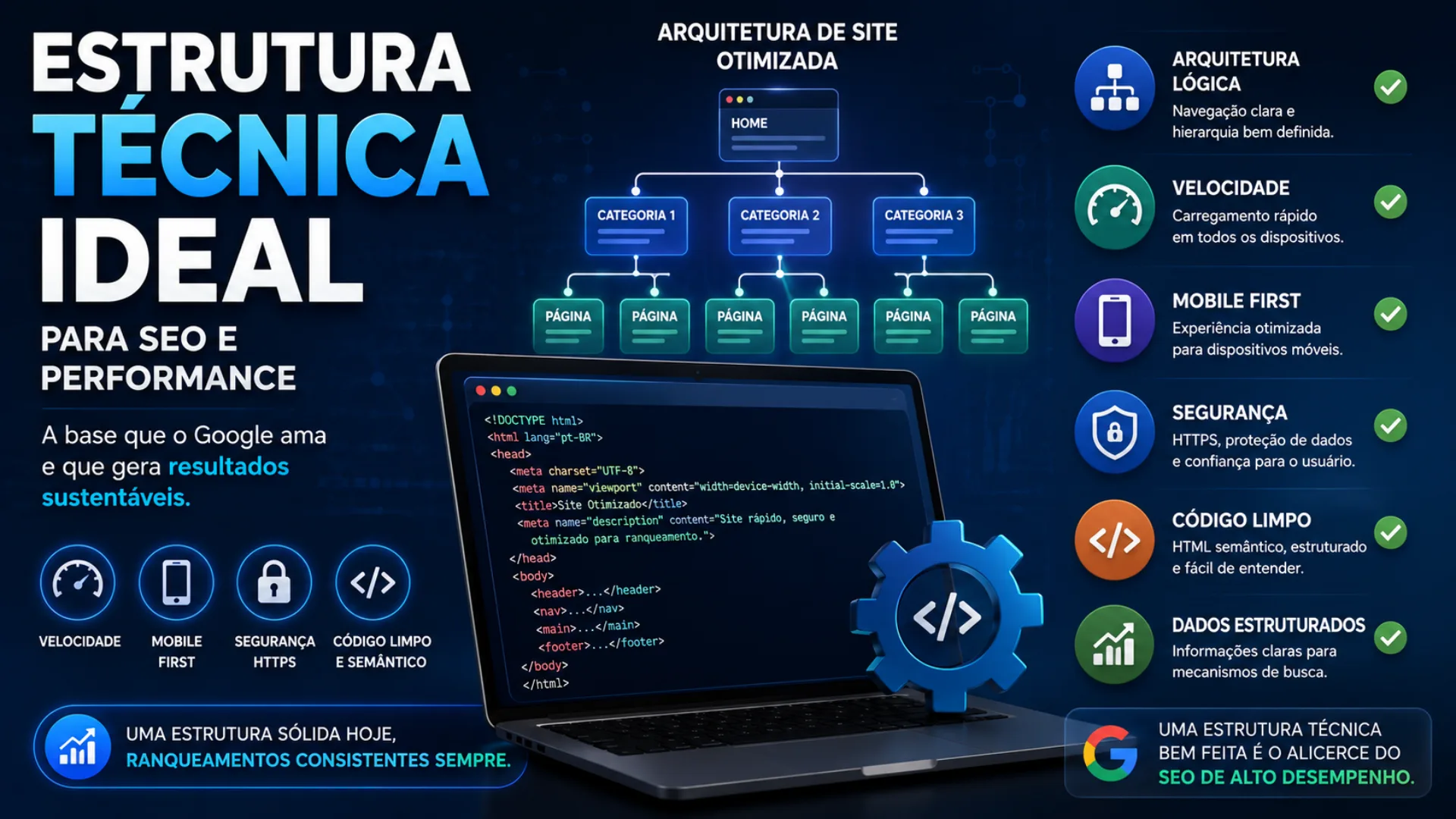 Diagrama de arquitetura de site otimizado para IAs com schema markup, hierarquia de conteúdo e dados estruturados