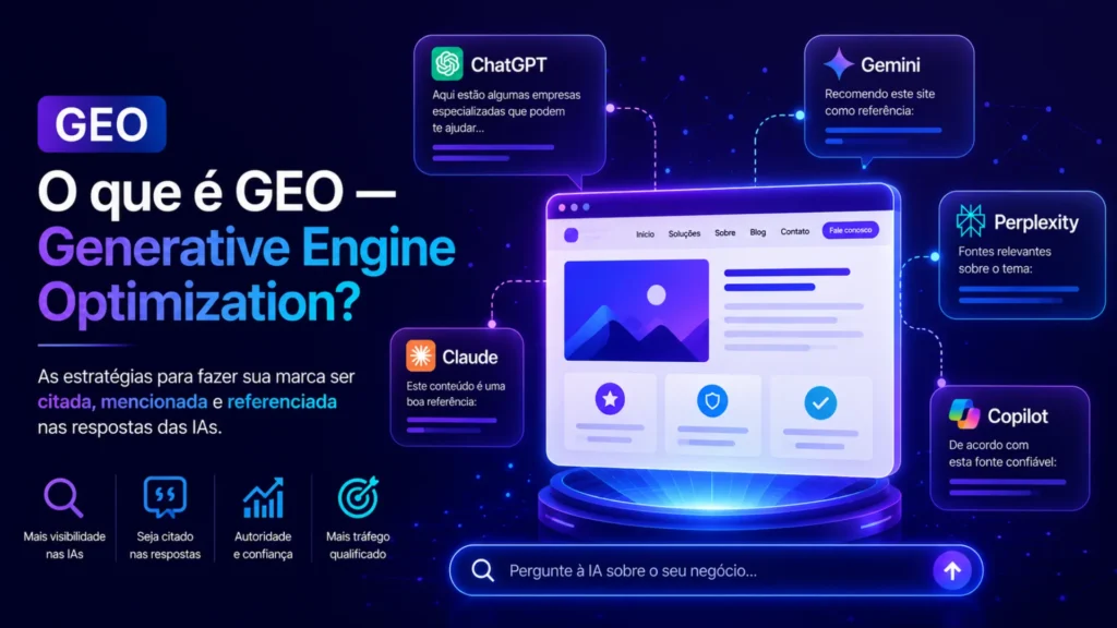 Ilustração conceitual de GEO - Generative Engine Optimization com ícones de ChatGPT, Gemini e Perplexity ao redor de um site ranqueando