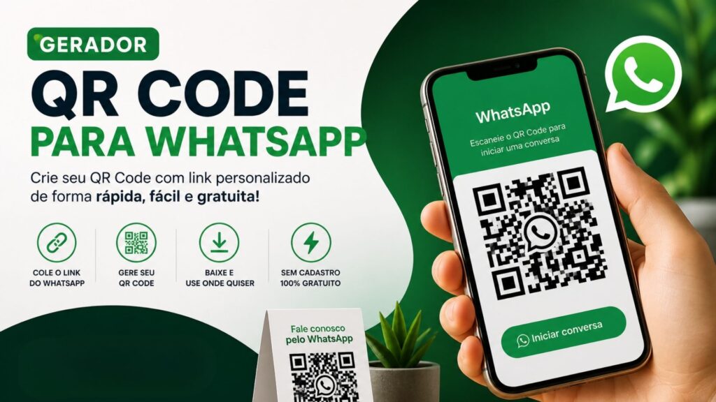 Gerador de QR Code para WhatsApp grátis com link personalizado exibido em smartphone