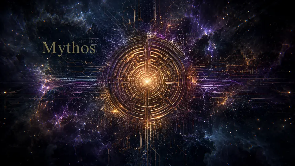 Visualização abstrata de uma rede neural de inteligência artificial em estilo cinematográfico, com padrões de circuitos dourados formando um labirinto mitológico ao centro sobre um fundo de espaço profundo em tons escuros de azul marinho e violeta.