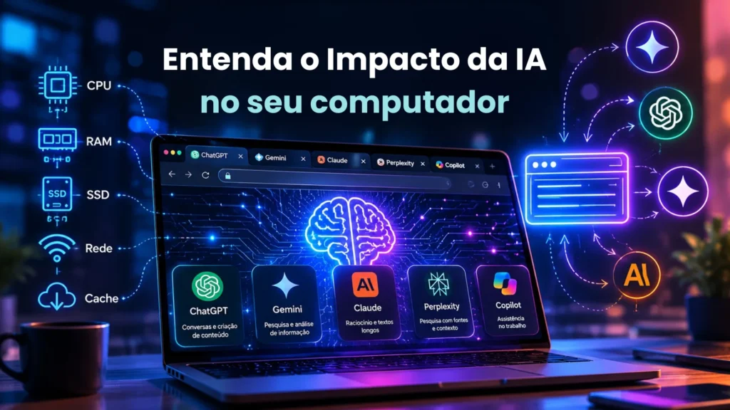 Ilustração de um navegador web com camadas de inteligência artificial operando localmente e na nuvem ao mesmo tempo