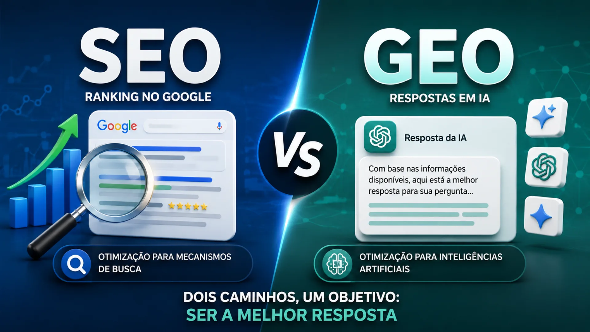 Tabela comparativa entre SEO tradicional e GEO — diferenças de objetivos, métricas e estratégias