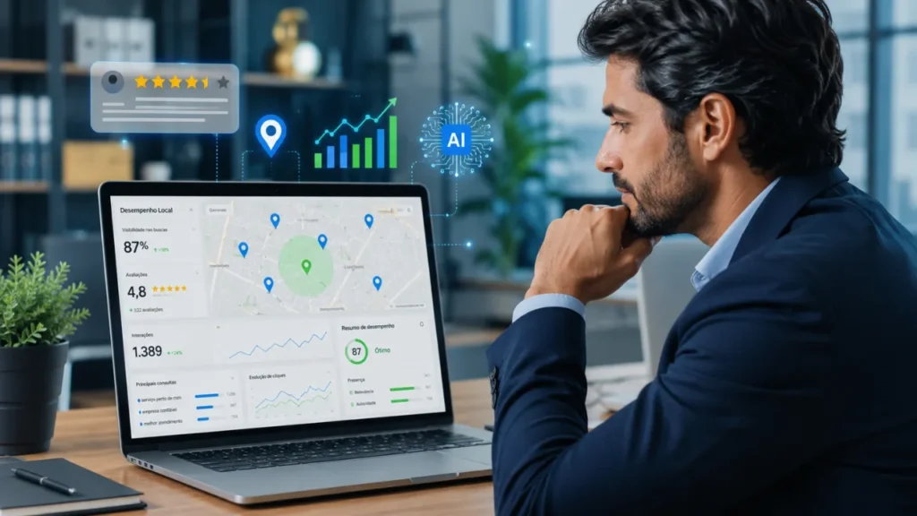 Pessoa analisando o Perfil da Empresa no Google Maps com gráficos de SEO local e avaliações online