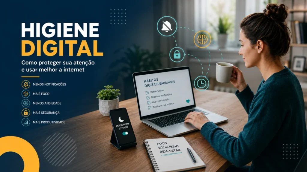 Pessoa trabalhando com notebook e celular em modo foco, representando higiene digital, atenção e uso consciente da internet.
