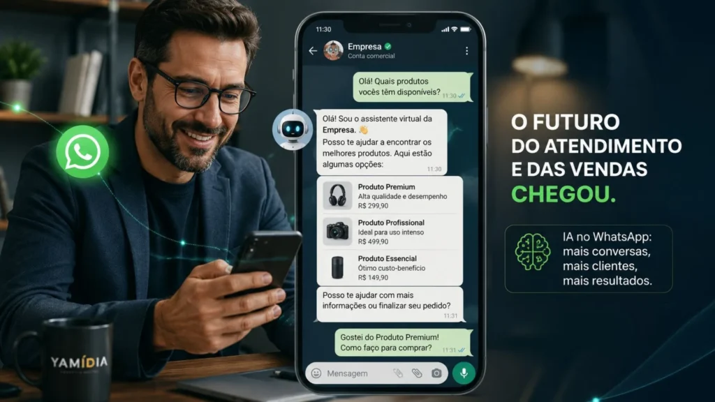 Empresário utilizando o WhatsApp Business com Meta Business Agent, inteligência artificial da Meta capaz de automatizar atendimento, qualificar leads e aumentar vendas através do WhatsApp.