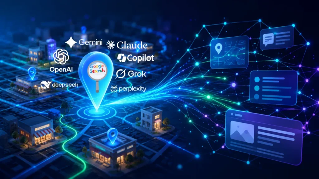Empresas locais conectadas ao Google Maps, mecanismos de busca e plataformas de inteligência artificial
