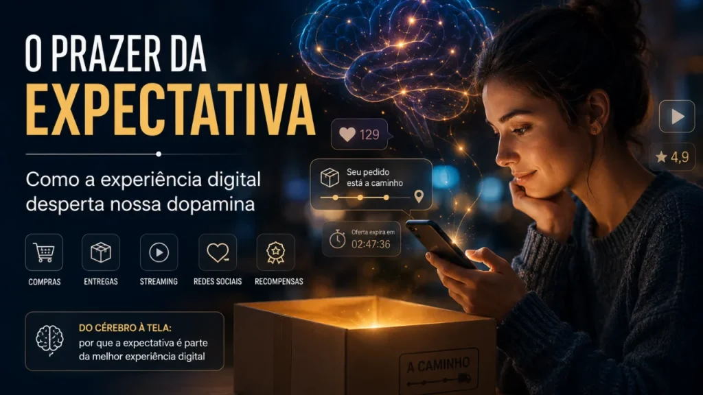 Pessoa acompanhando notificações e o rastreamento de uma compra pelo smartphone, ilustrando como a expectativa influencia a experiência digital, o comportamento do consumidor e a jornada de compra.