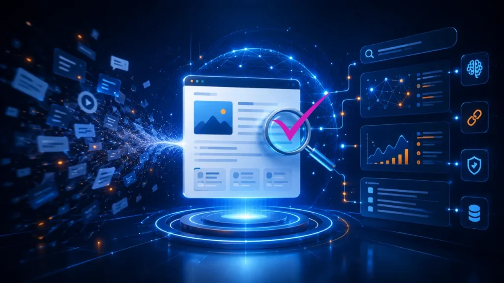 Página de site sendo analisada por mecanismos de busca e inteligência artificial, com conexões, dados e fontes digitais organizadas.