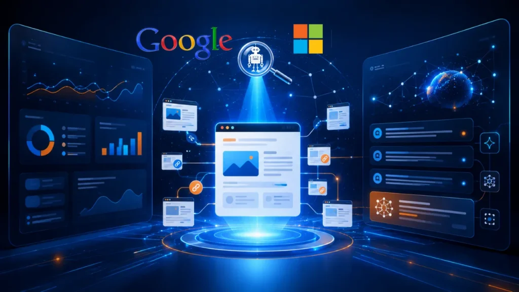 Painéis digitais mostram um site sendo analisado e citado por mecanismos de busca e sistemas de inteligência artificial.