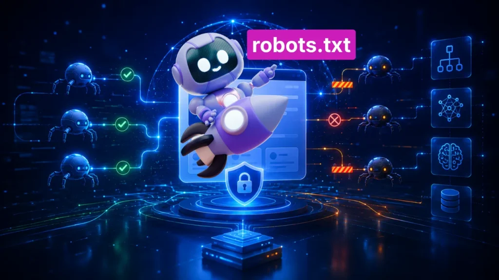 Ilustração tecnológica de um site protegido e conectado a diferentes crawlers, com sinais de acesso permitido e bloqueado para mecanismos de busca e inteligência artificial.