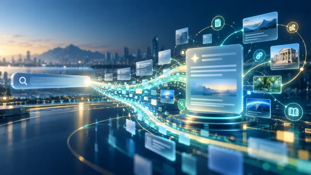 Busca com inteligência artificial conectando resultados, respostas e fontes digitais